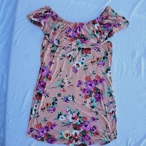 Impulsive floral off the shoulder dress size 1x peachy pink with purple & green